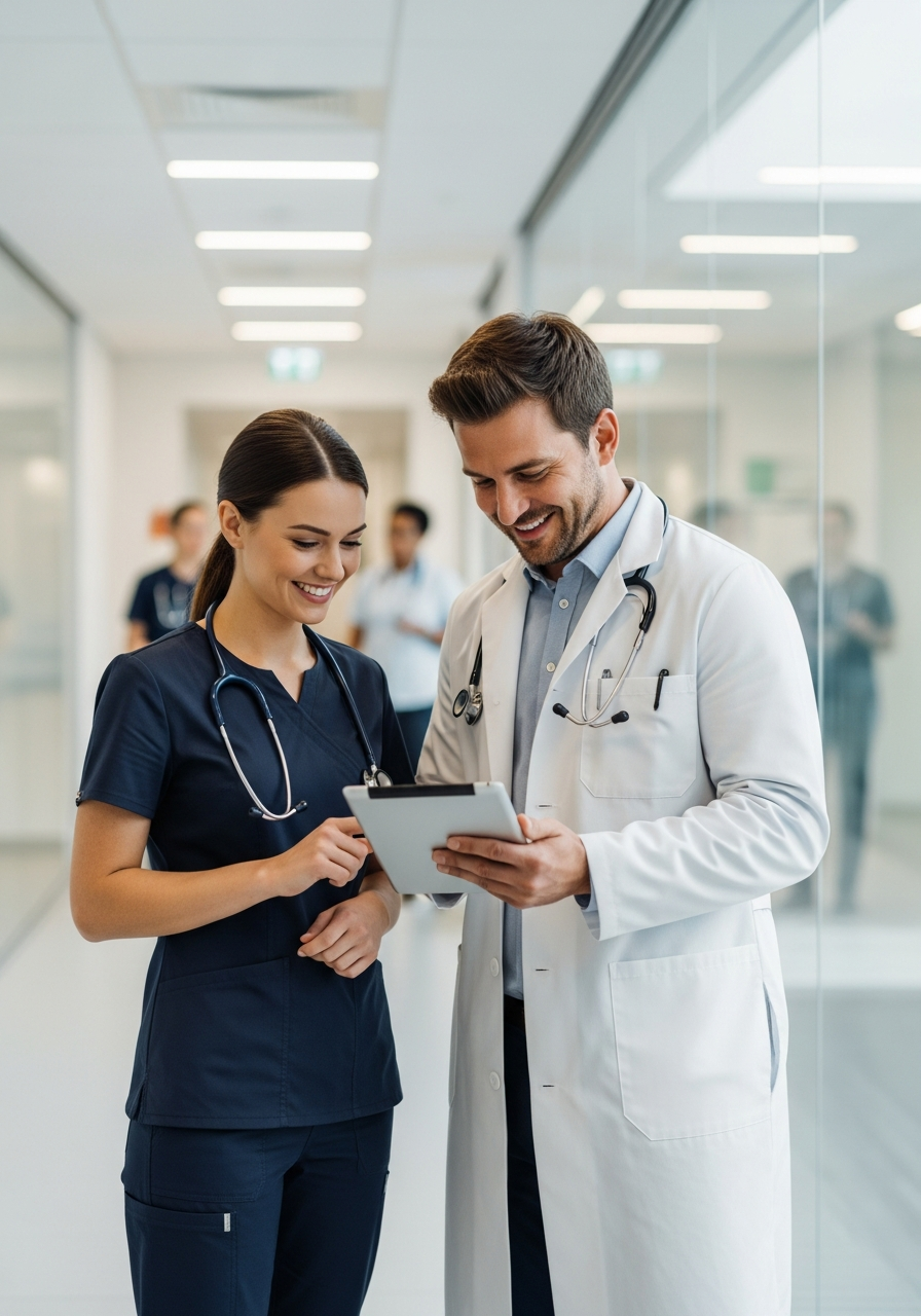 A nurse and physician reviewing a locum tenens assignment together on a tablet