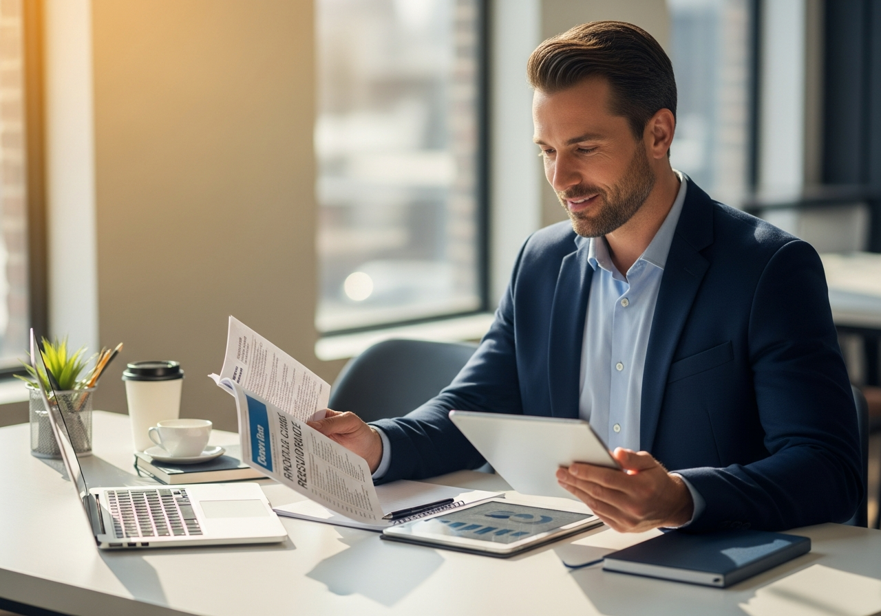 Healthcare staffing consultant reviewing resource guides